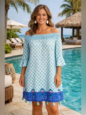 Cabana Life Blue and White Off-Shoulder Tassel  Dress Resort Beach Hawaii